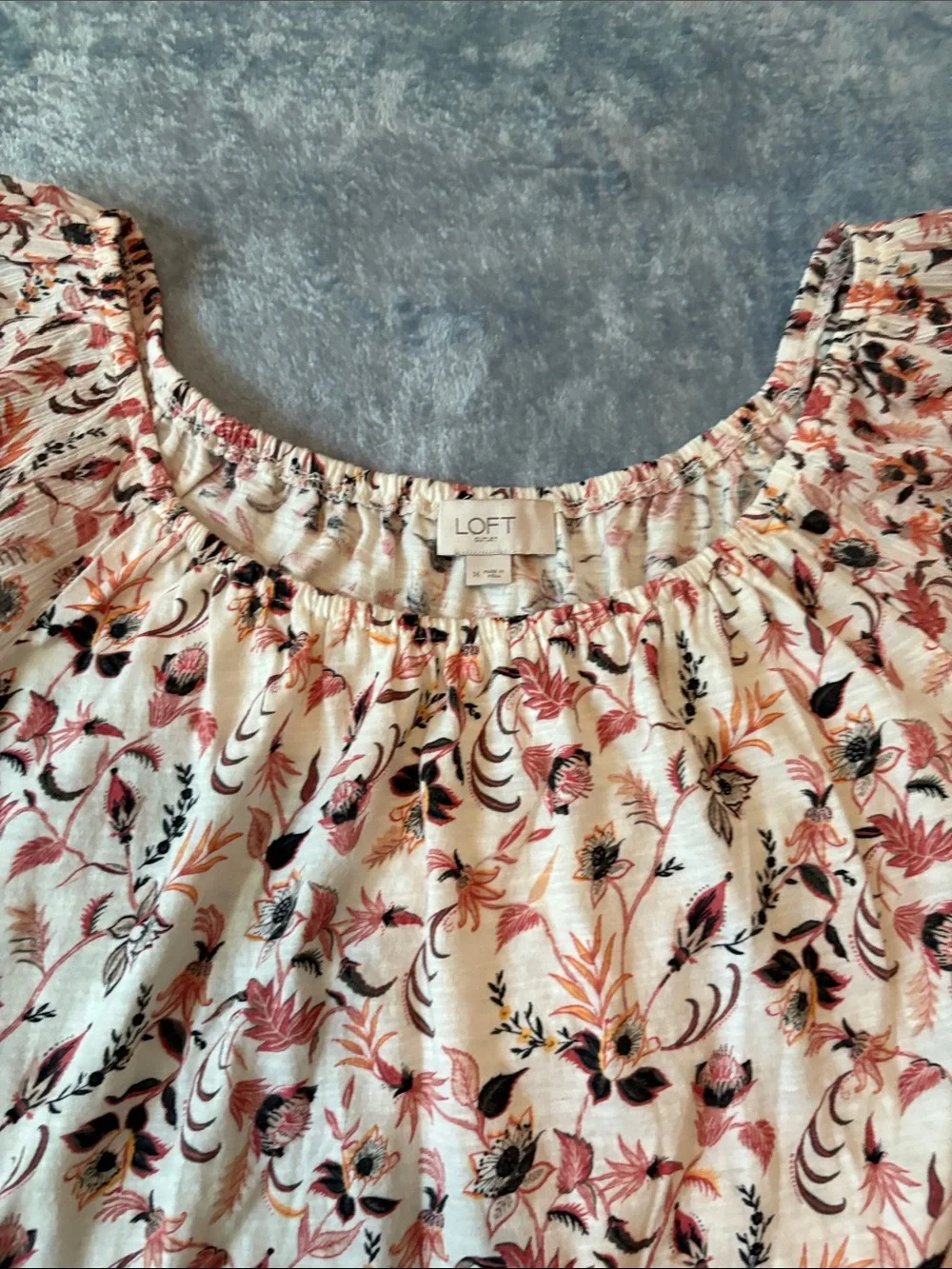LOFT Cream Floral Off-Shoulder Puff Sleeve Blouse with Coral and Black Print
